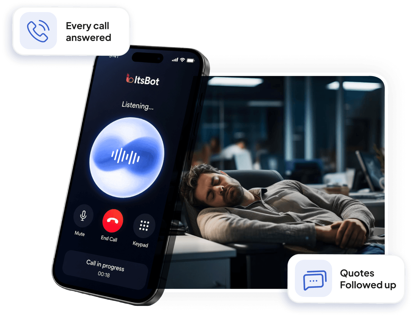 ItsBot AI answering a call on a smartphone while a business owner rests at their desk after hours
