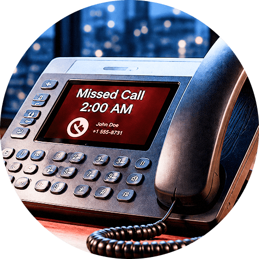 Office phone displaying a missed call at 2:00 AM