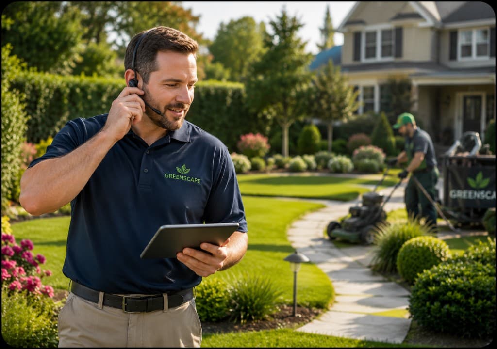 Landscaper taking a call and reviewing a tablet in a manicured front yard
