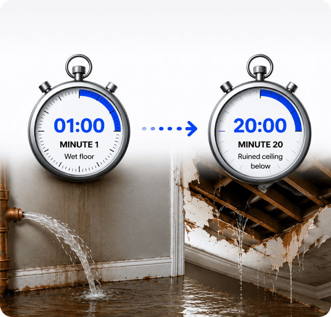 Stopwatch comparison showing wet floor at minute one versus ruined ceiling below at minute twenty