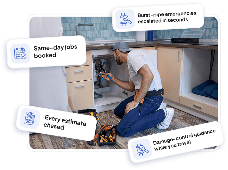 Plumber working under a kitchen sink with ItsBot feature highlights for emergencies, same-day booking, estimates, and damage-control guidance