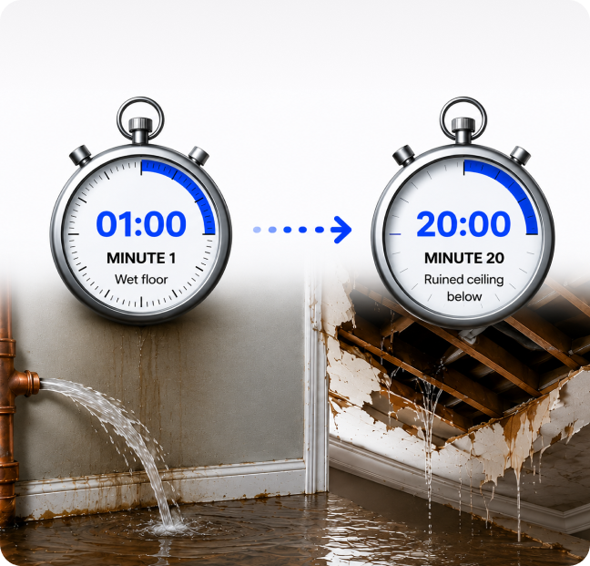 Stopwatch comparison showing wet floor at minute one versus ruined ceiling below at minute twenty
