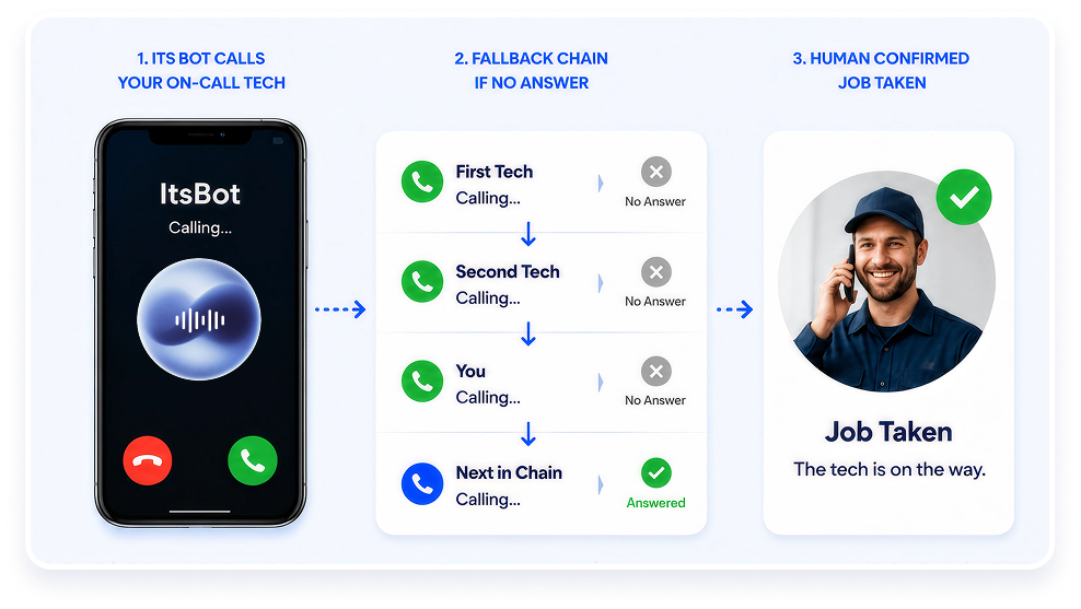 ItsBot calling on-call tech, working through a fallback chain, and confirming a human has taken the job